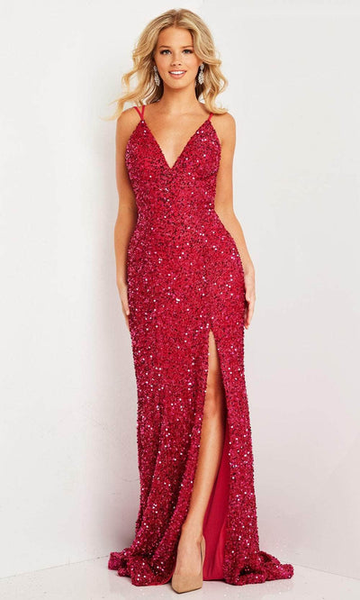 Jovani 36437 - V Neck Mermaid Prom Dress Prom Dresses 00 / Rasberry