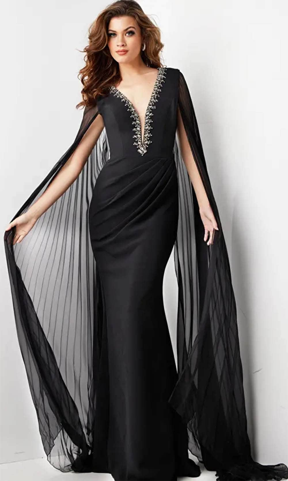 Jovani 36473 - Cape Sleeve Plunging Neck Dress Evening Dresses Dresses 00 / Black