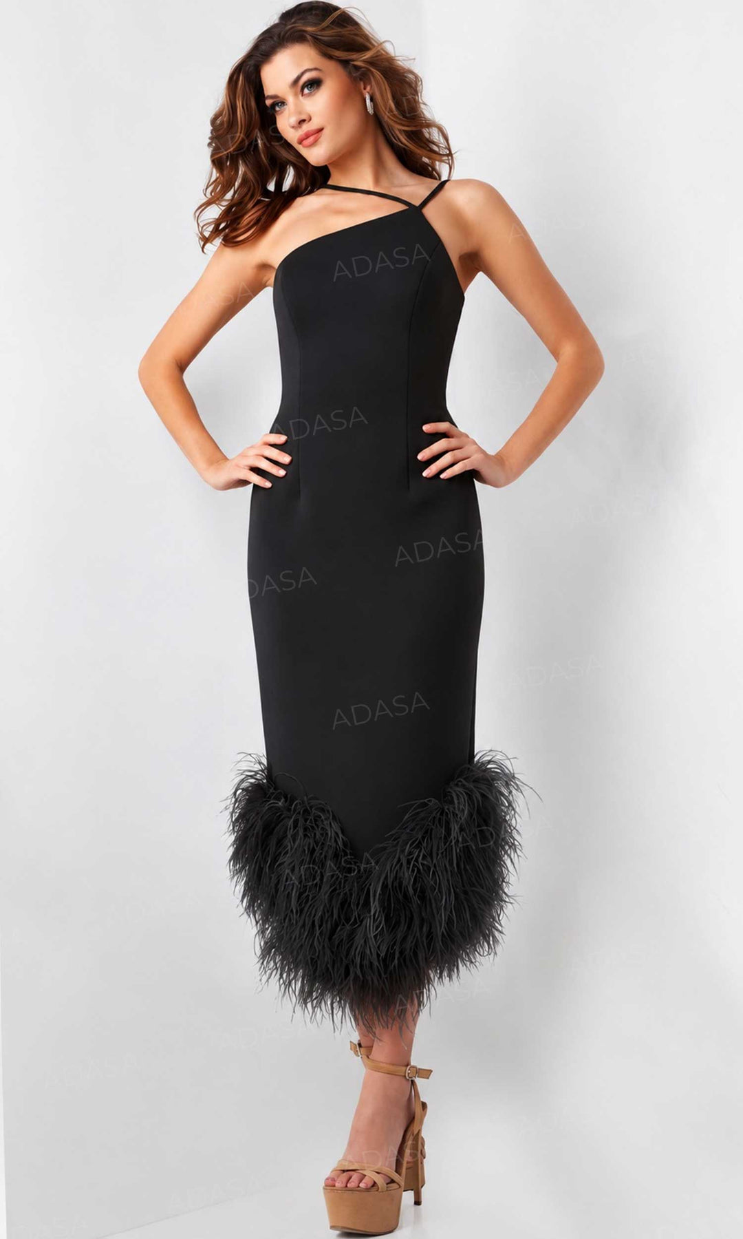 Jovani 36675 - Feather Hem Halter Cocktail Dress