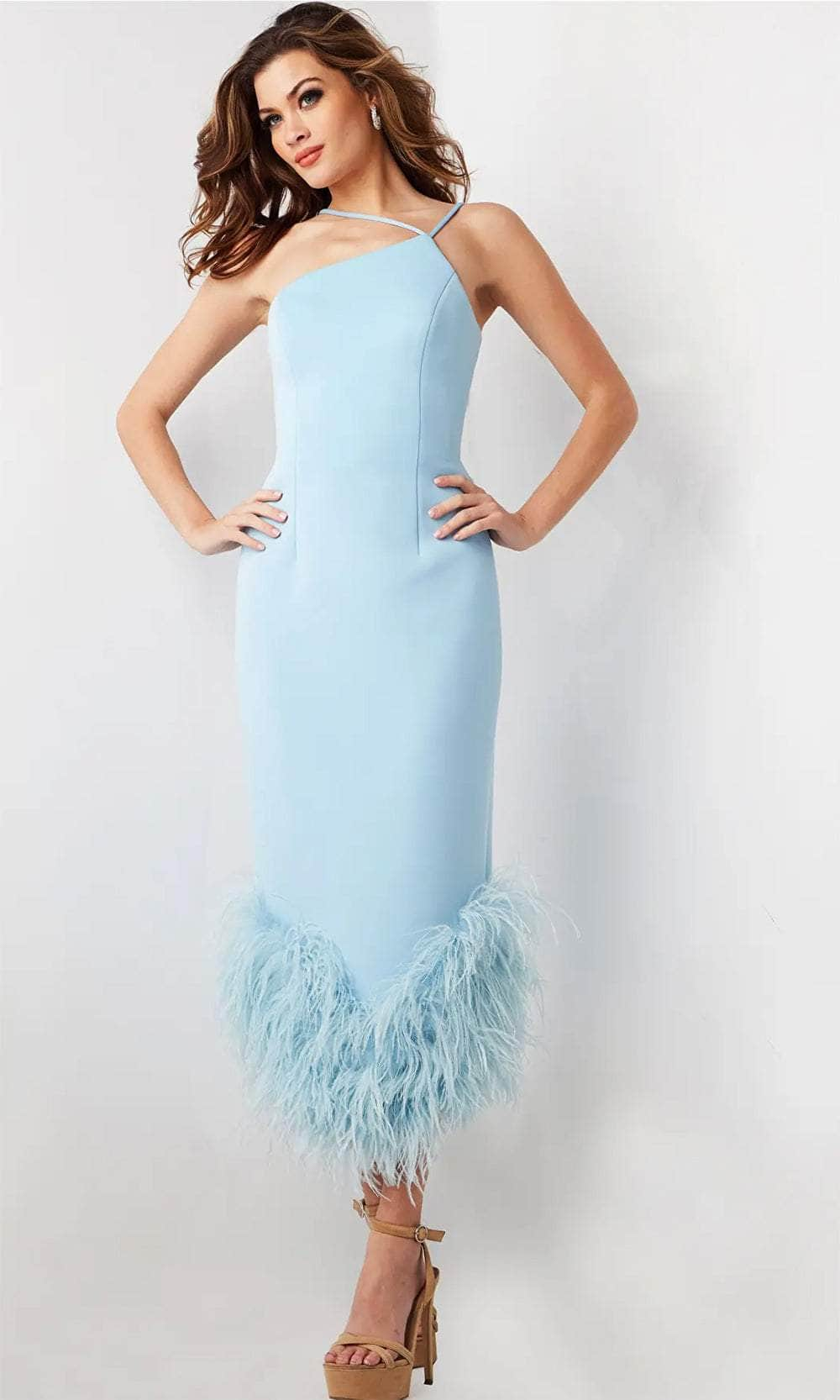 Jovani 36675 - Feather Hem Halter Cocktail Dress Cocktail  Dresses 00  Light-Blue