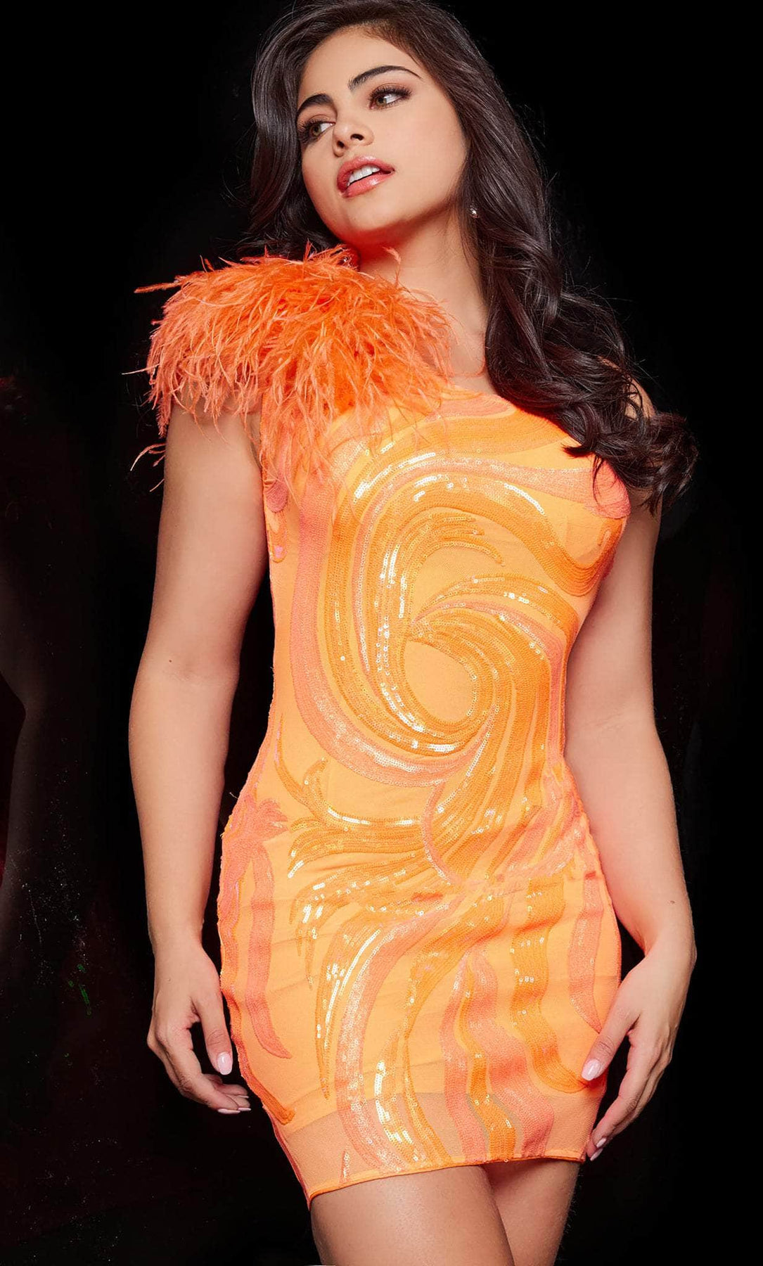 Jovani 36713 - Feathered Shoulder Homecoming Dress Prom Dresses