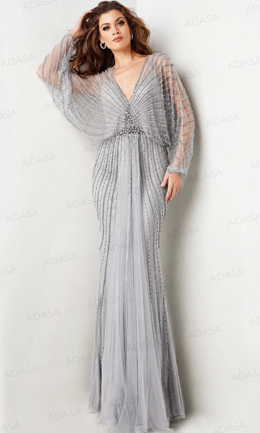 Jovani 36744 - Sheer Sleeve Draped Beaded Gown