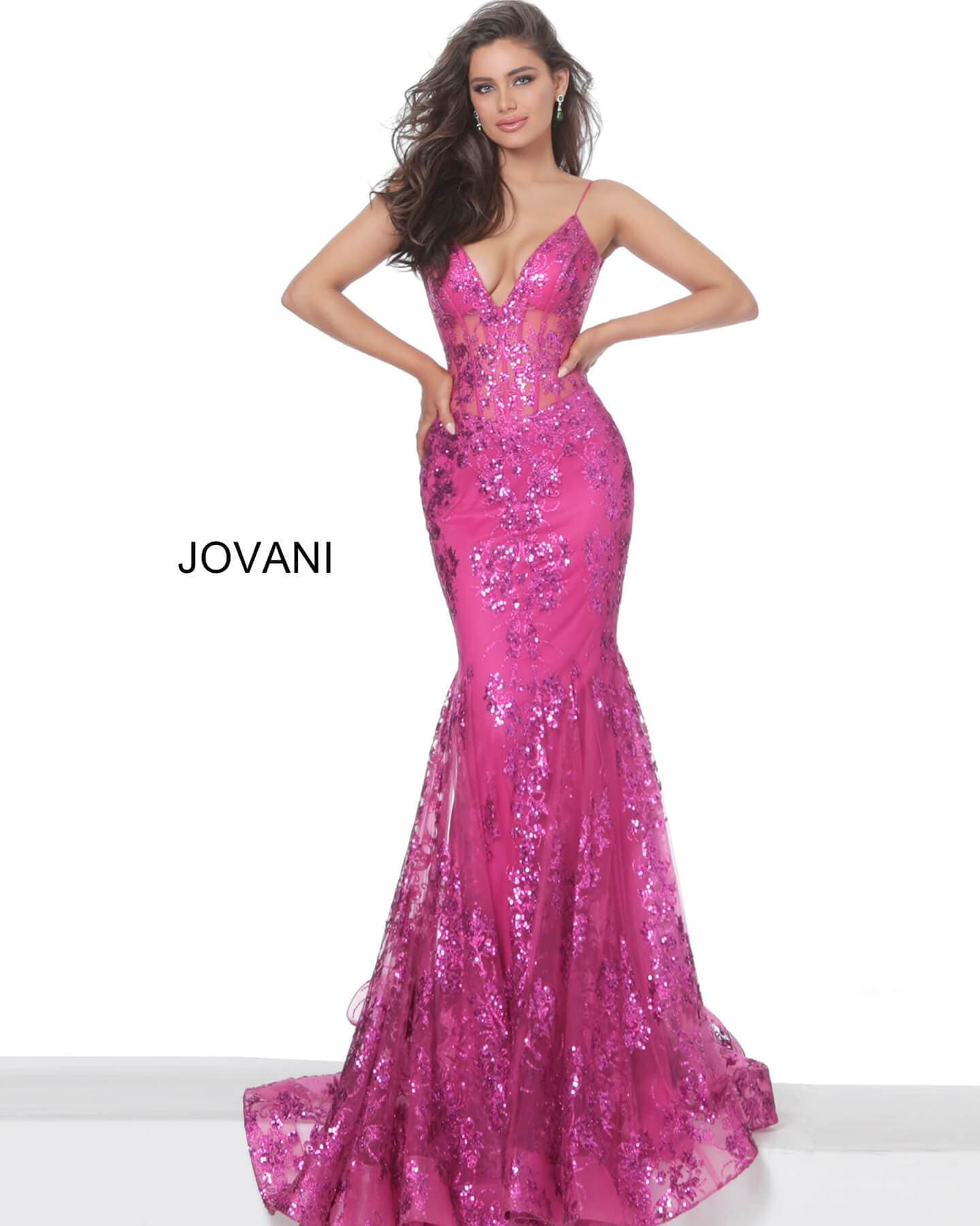Jovani - 3675 Sequined Illusion Corset Mermaid Gown Pageant Dresses 00 / Berry