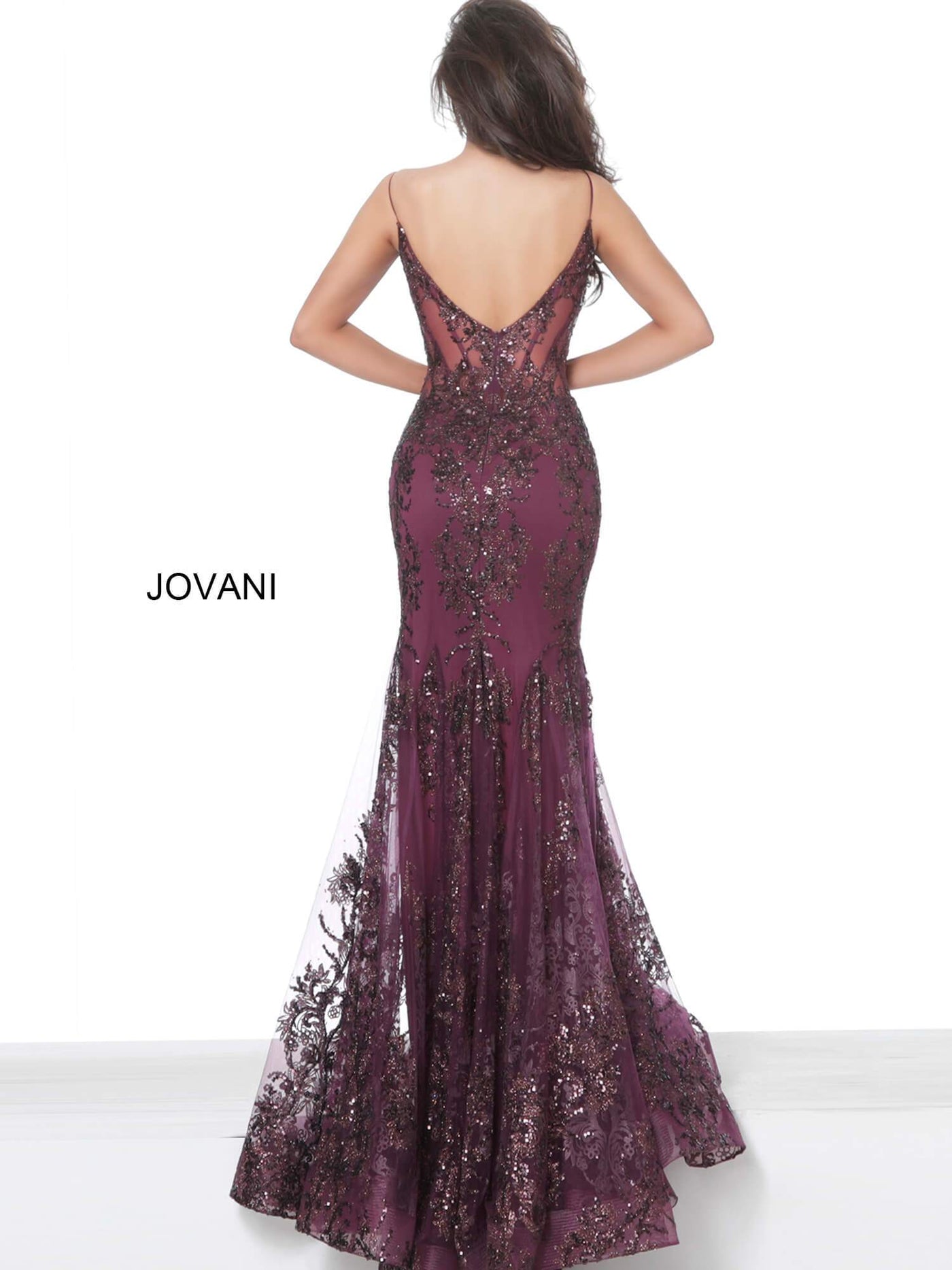 Jovani - 3675 Sequined Illusion Corset Mermaid Gown Pageant Dresses 00 / Eggplant
