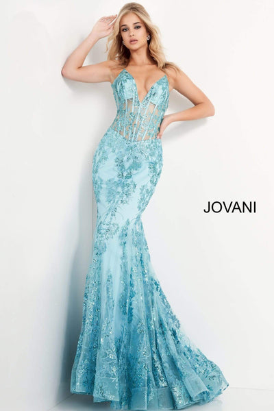 Jovani - 3675 Sequined Illusion Corset Mermaid Gown Pageant Dresses 00 / Turquoise