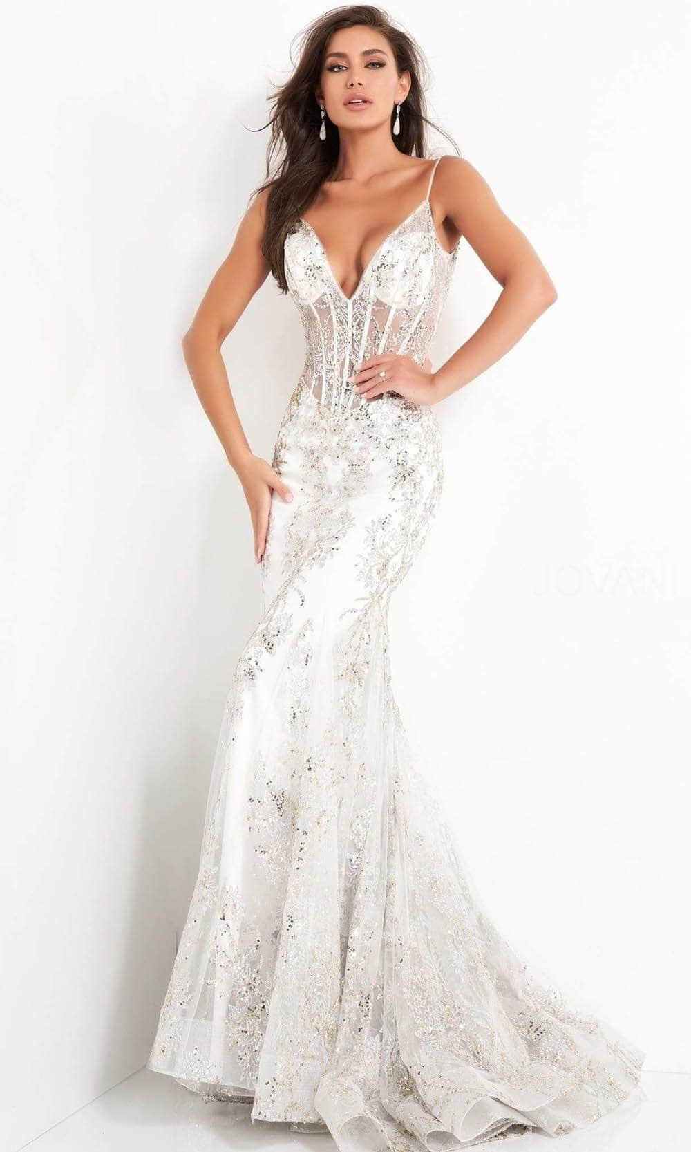 Jovani - 3675 Sequined Illusion Corset Simple Prom Mermaid Gown Pageant Dresses