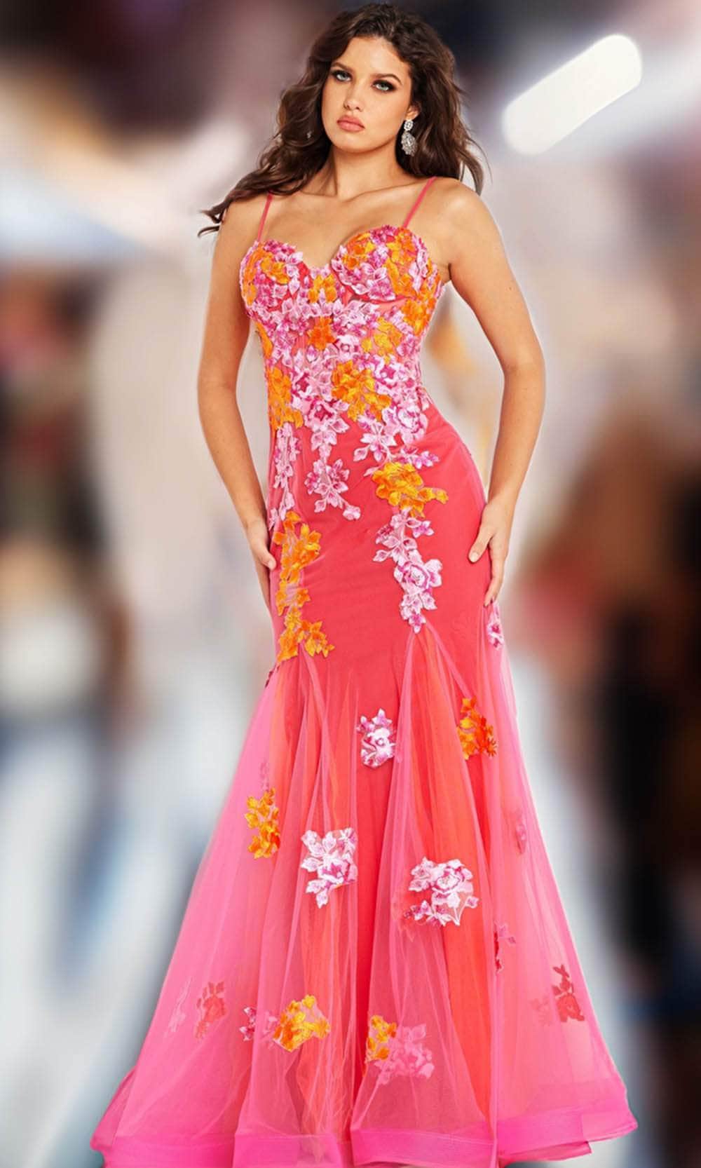 Jovani 36843 - Floral Embroidered Mermaid Gown Prom Dresses 00 / Pink Multi