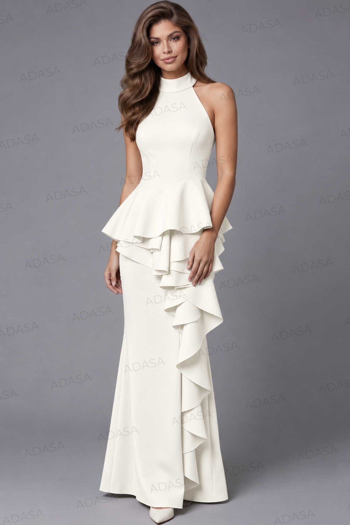 Jovani 37089 - Halter Column Evening Gown with Cascading Ruffle
