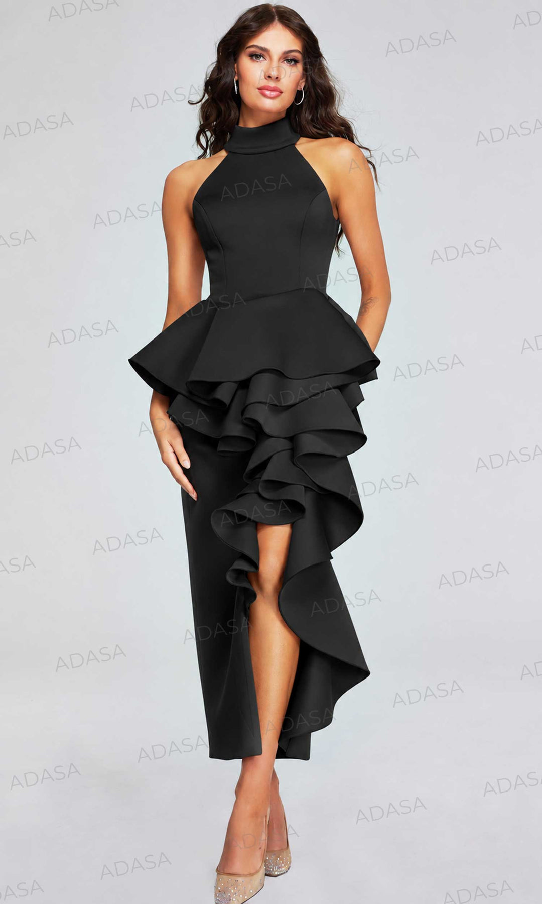 Jovani 37090 - High Halter Peplum Dress with Ruffles