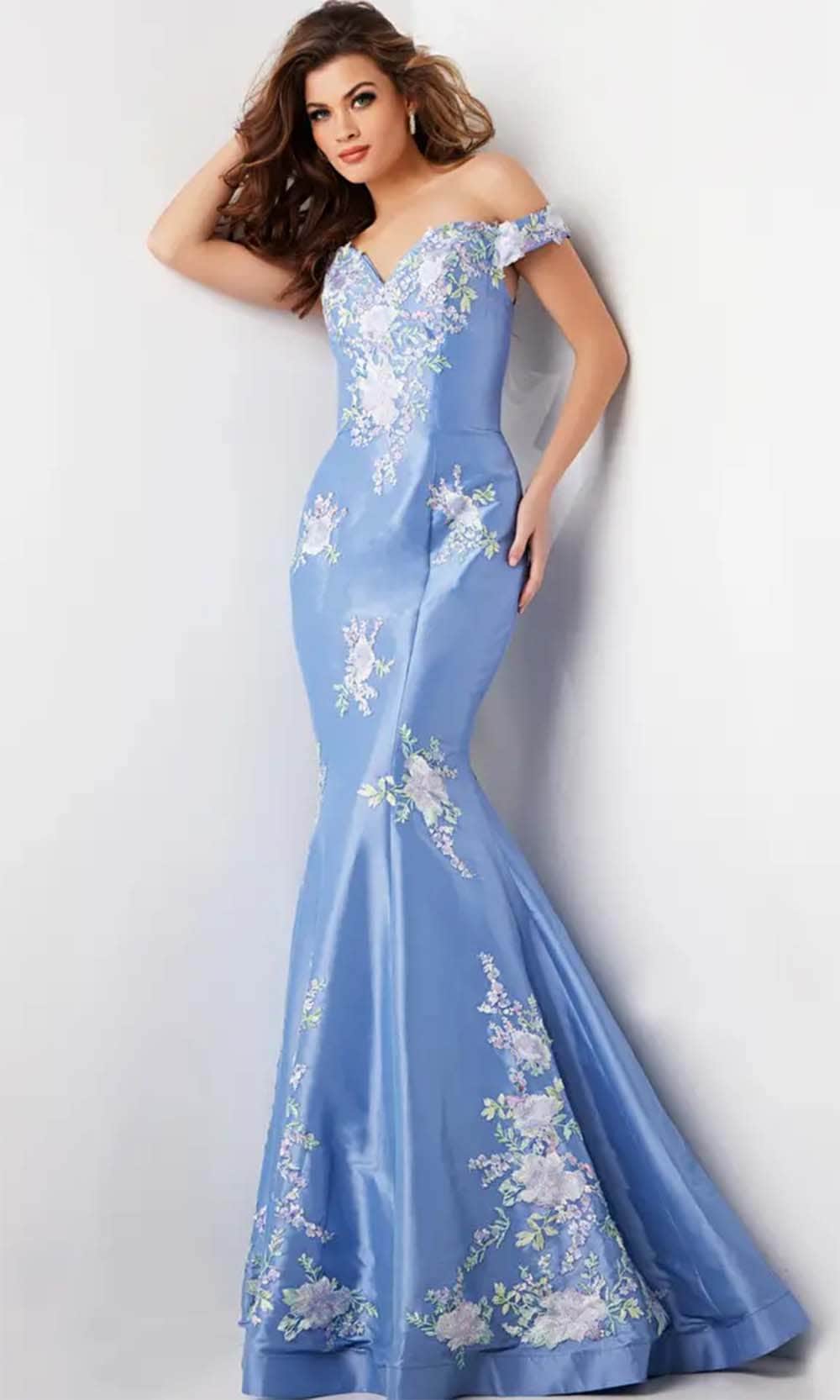 Jovani 37257 - Long Mermaid Dress - Floral Embroideries, Off-Shoulder, Fitted Bodice, Seams, Back Zipper Closure, Horsehair Hemline, Train ADASA Jovani 37257 - Long Mermaid Dress - Floral Embroideries, Off-Shoulder, Fitted Bodice, Seams, Back Zipper Closure, Horsehair Hemline, Train ADASA