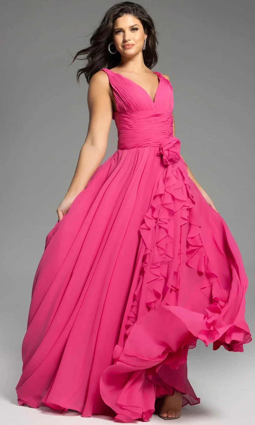 Jovani 37374 - V-Neck Gown with Cascading Ruffle Prom Dresses