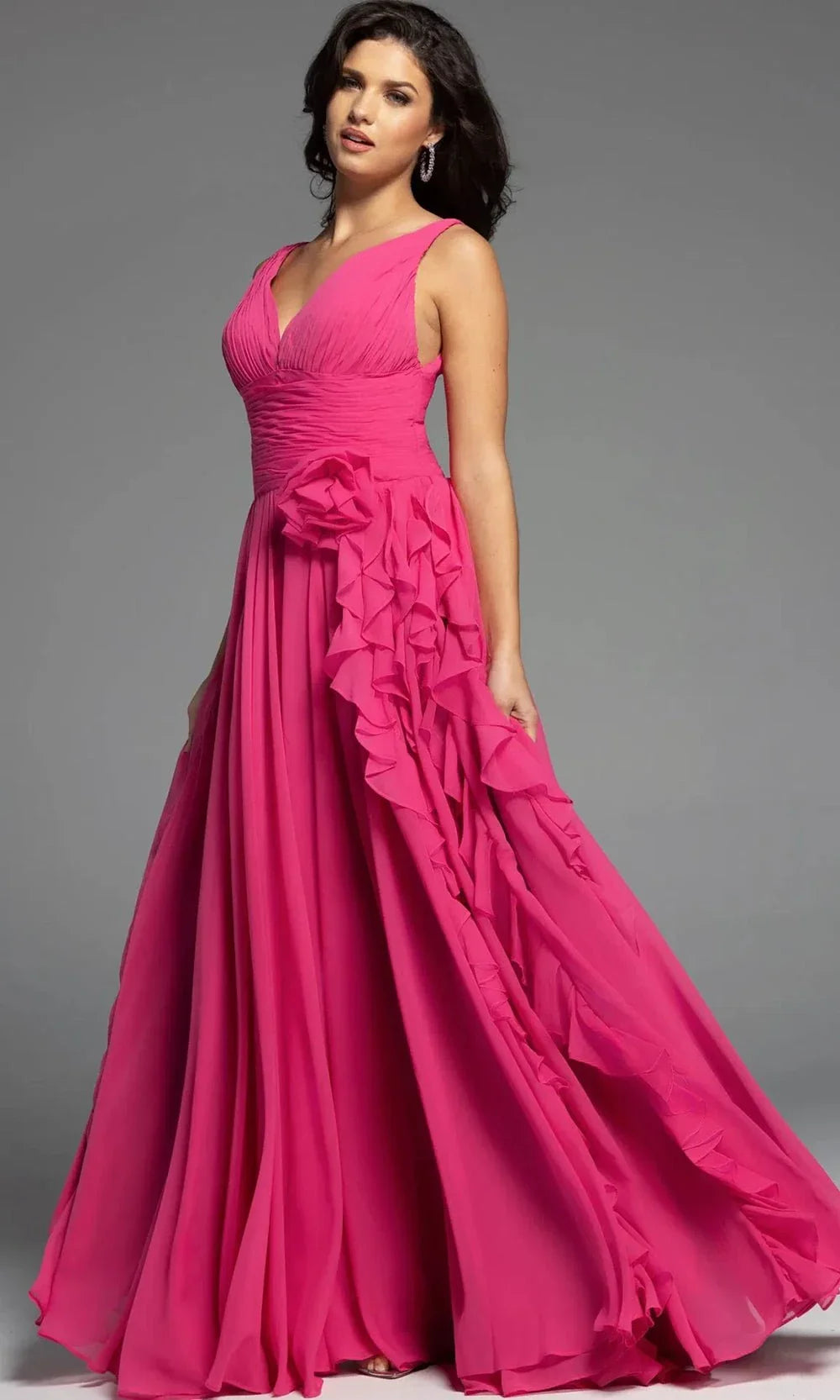 Jovani 37374 - V-Neck Gown with Cascading Ruffle Prom Dresses