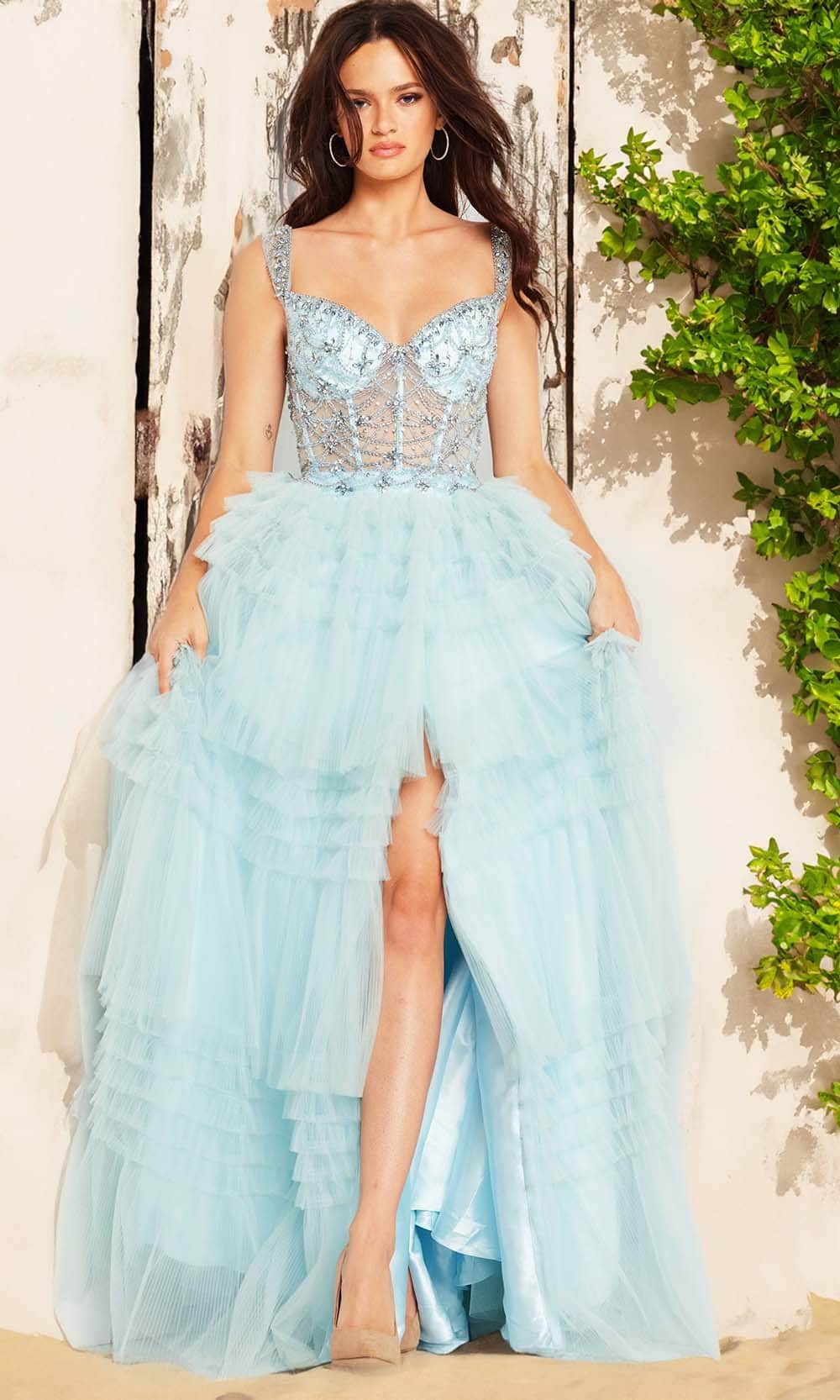 Jovani 37438 - Sleeveless Ruffled Ballgown Special Occasion Dress 00 / Grey/Blue