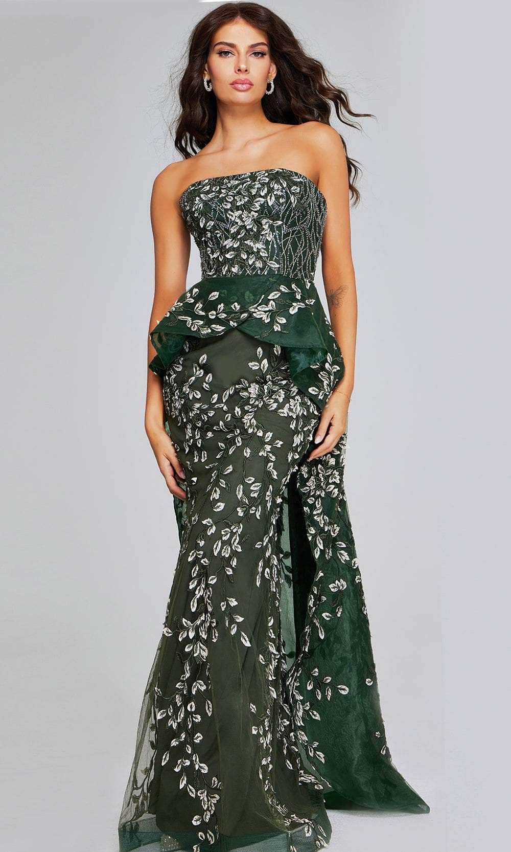 Jovani 37599 - Straight Across Foliage Evening Gown Special Occasion Dresses 00 /  Dark Green