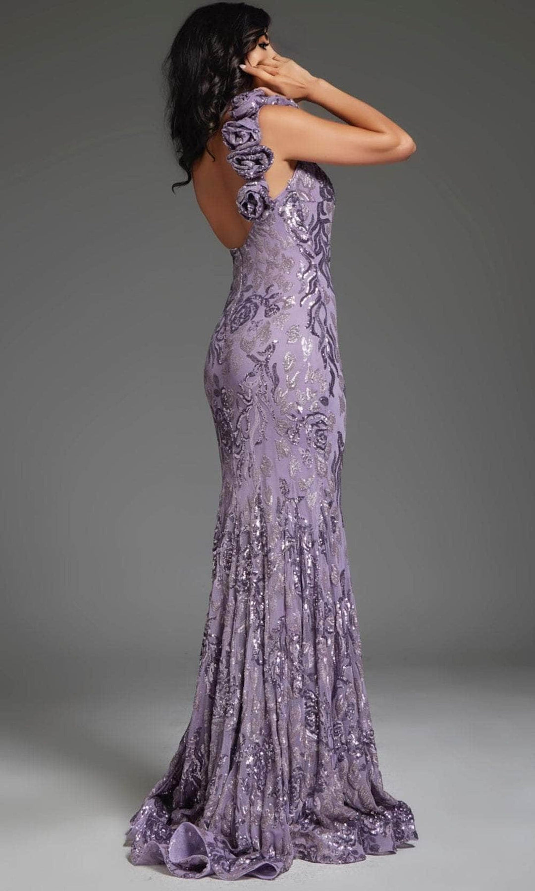 Jovani 37634 Floral Sequin One-Shoulder Prom Gown