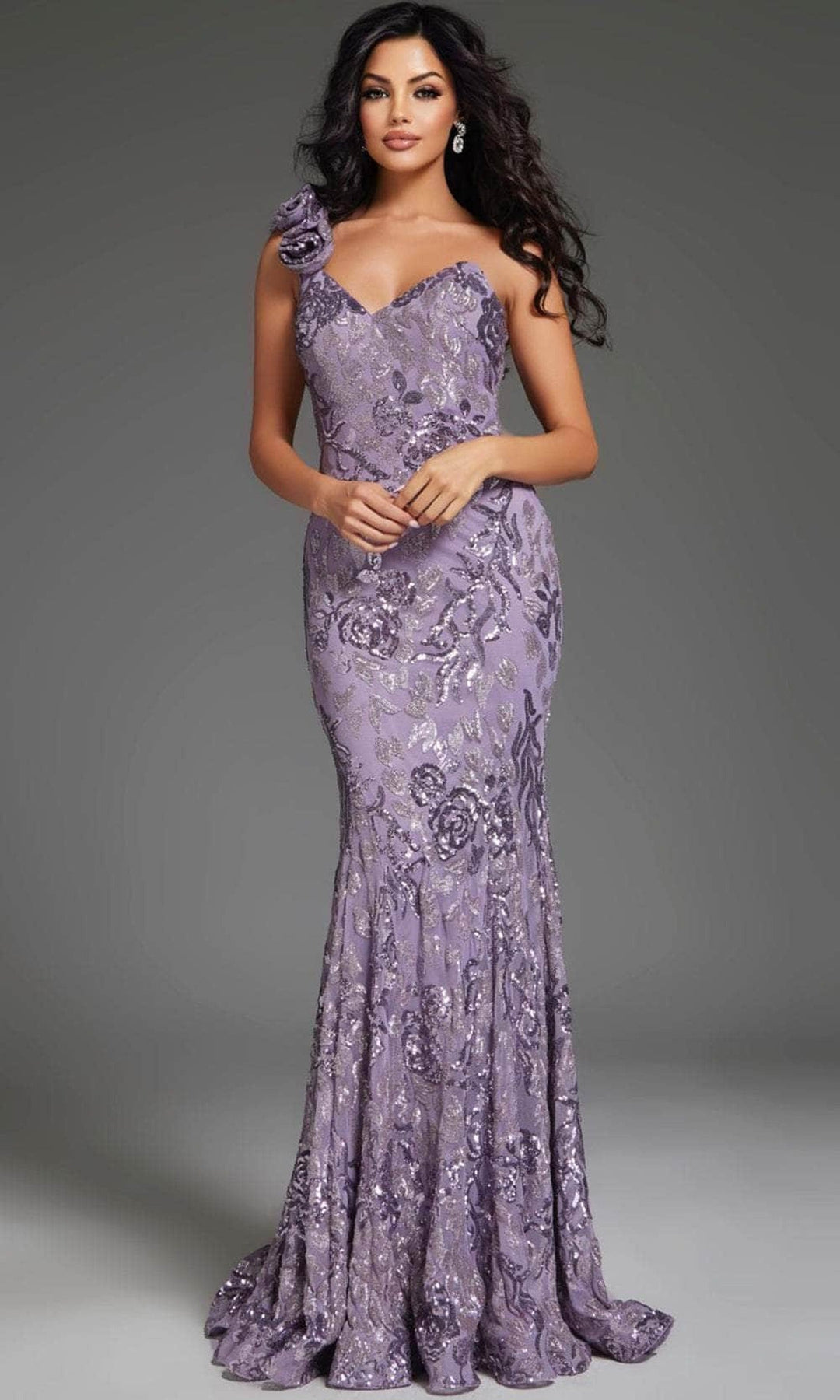 Jovani 37634 Floral Sequin One-Shoulder Prom Gown