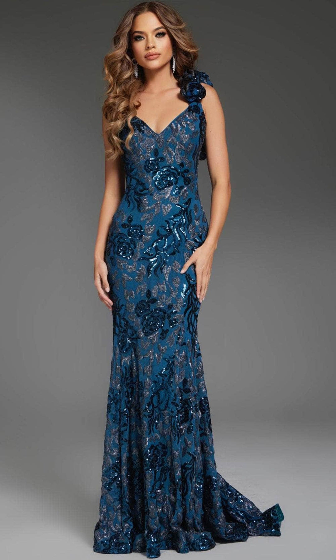 Jovani 37634 Floral Sequin One-Shoulder Prom Gown