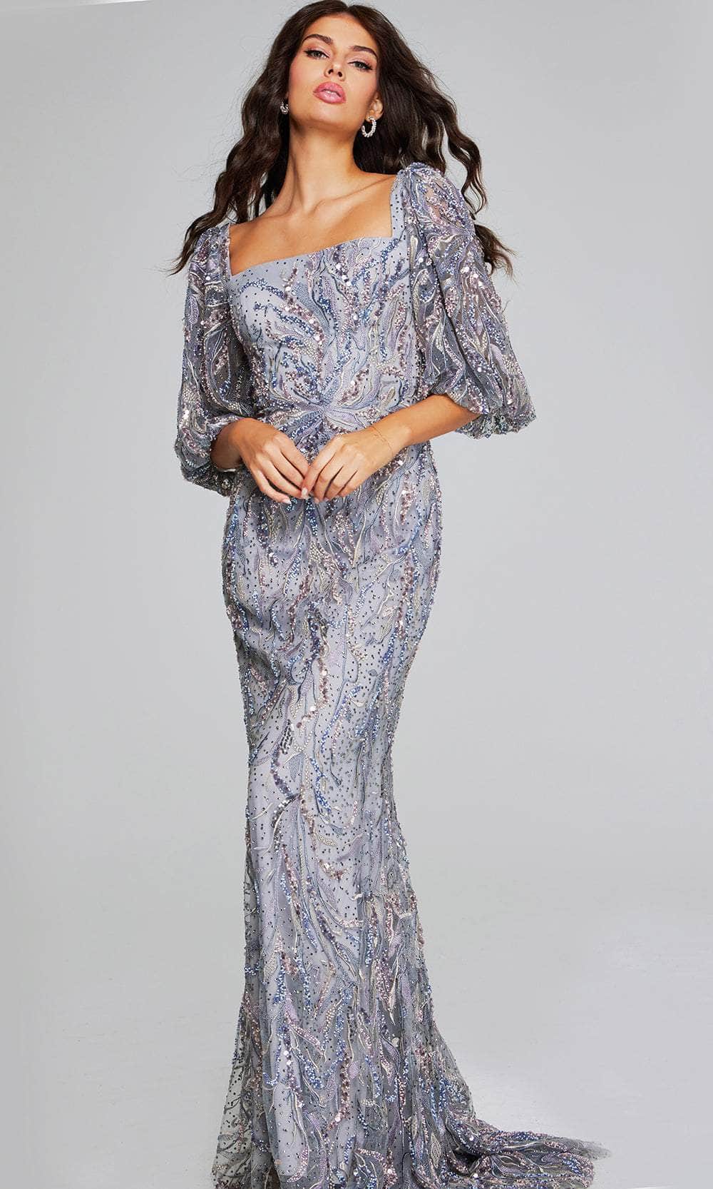 Jovani 38110 - Square Neck Embellished Evening Gown Special Occasion Dress 00 / Grey