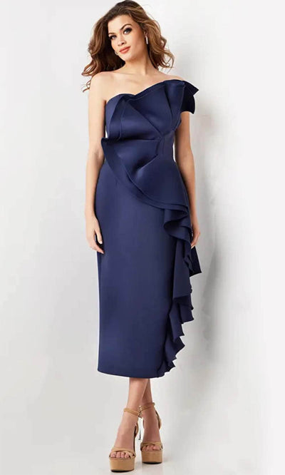 Jovani 38187 - Ruffle Accented Tea-Length Dress Homecoming Dresses 00 / Navy