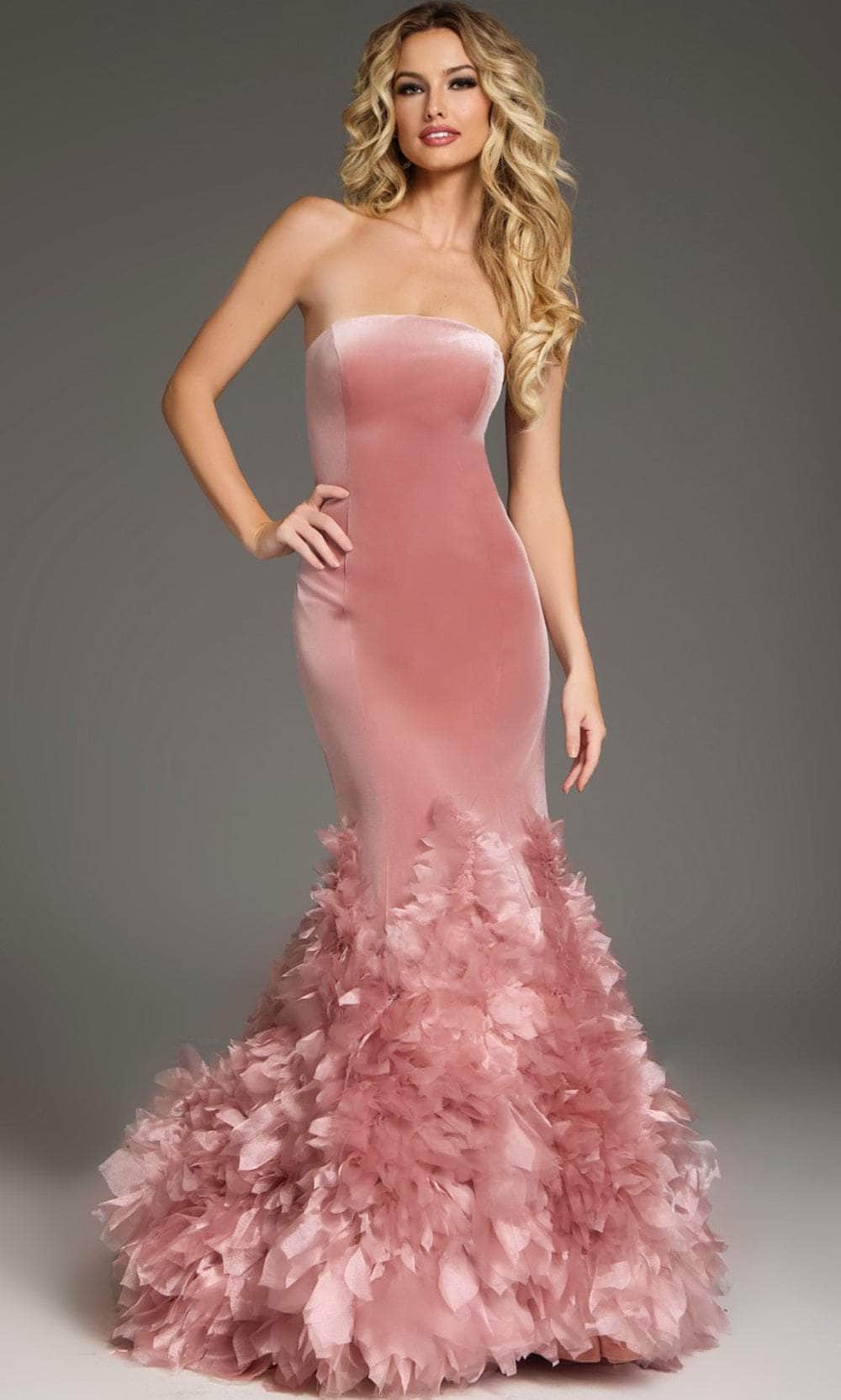 Jovani 38496 - Long Velvet Mermaid Dress - Strapless, Fitted Bodice, Floral Appliques, Train 2 / Rose - Shop Jovani Dresses On Couture Candy at Jovani 38496 - Long Velvet Mermaid Dress - Strapless, Fitted Bodice, Floral Appliques, Train 2 / Rose - Shop Jovani Dresses On Couture Candy at