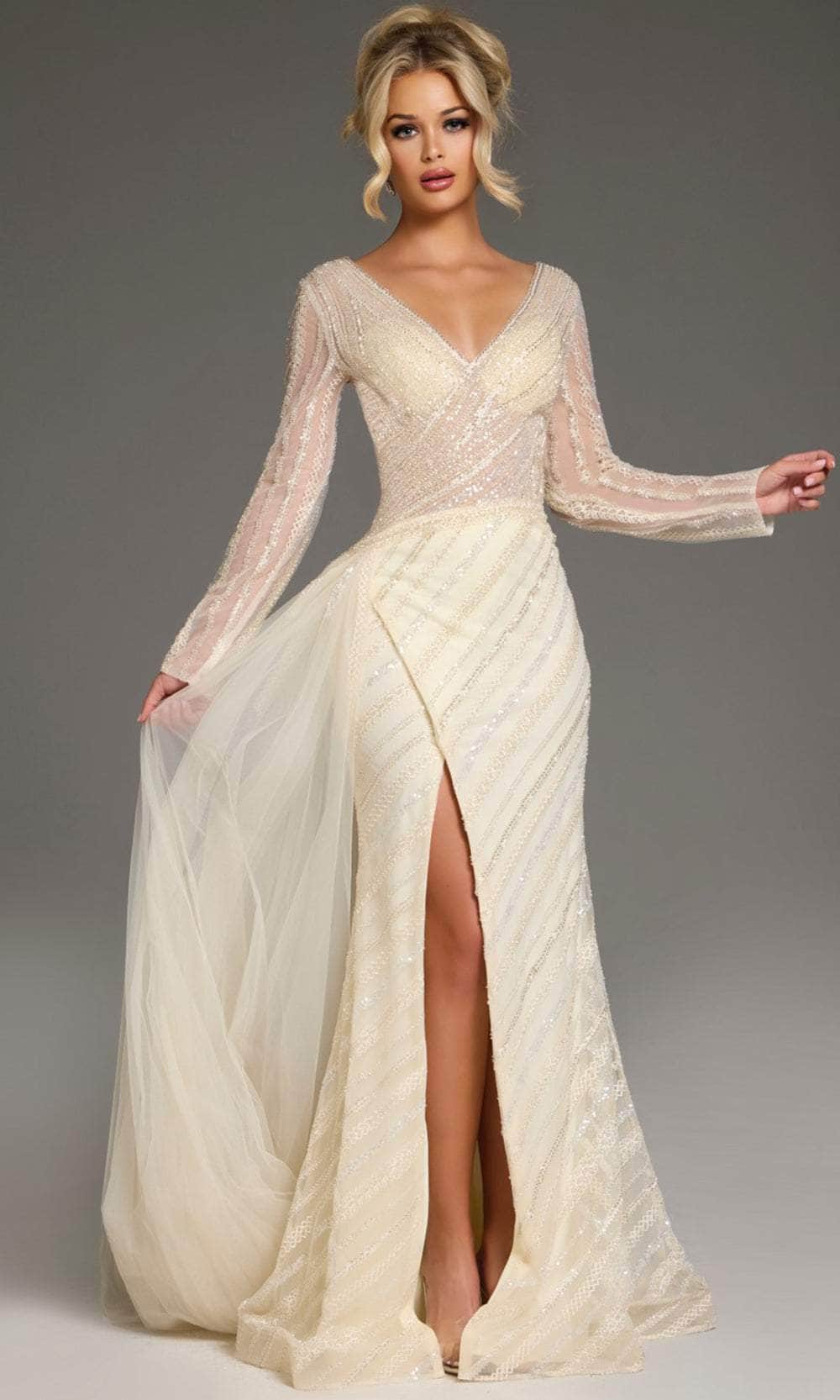 Jovani 38581 - Long Sheath Dress - Long Sleeves, Fitted Bodice, Hot Stone Embellished, High Slit, Lace, Back Zipper Closure, Train 8 / Sage Jovani 38581 - Long Sheath Dress - Long Sleeves, Fitted Bodice, Hot Stone Embellished, High Slit, Lace, Back Zipper Closure, Train 8 / Sage