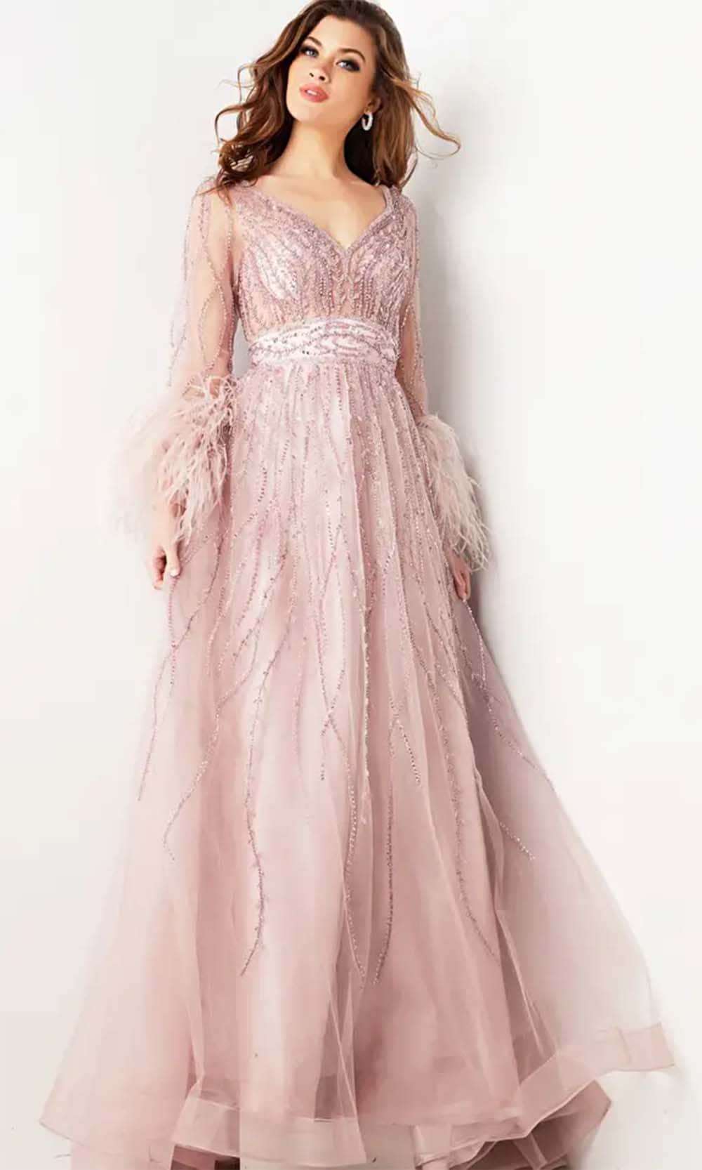 pink feather dress long sleeve Hot Pink Feather Embellished Long Sleeve Gown 23075