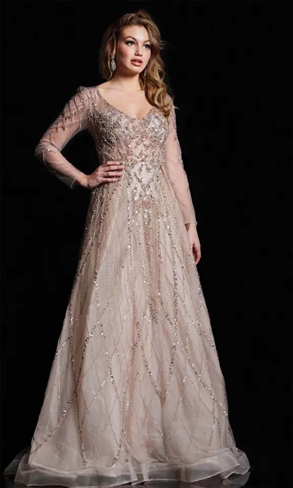 Jovani 38589 - Sheer Long Sleeve Beaded Prom Gown Prom Dresses