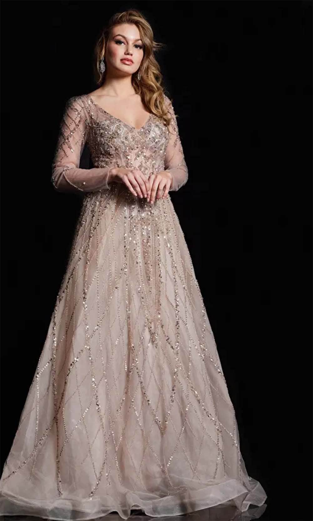 Jovani 38589 - Sheer Long Sleeve Beaded Prom Gown Prom Dresses