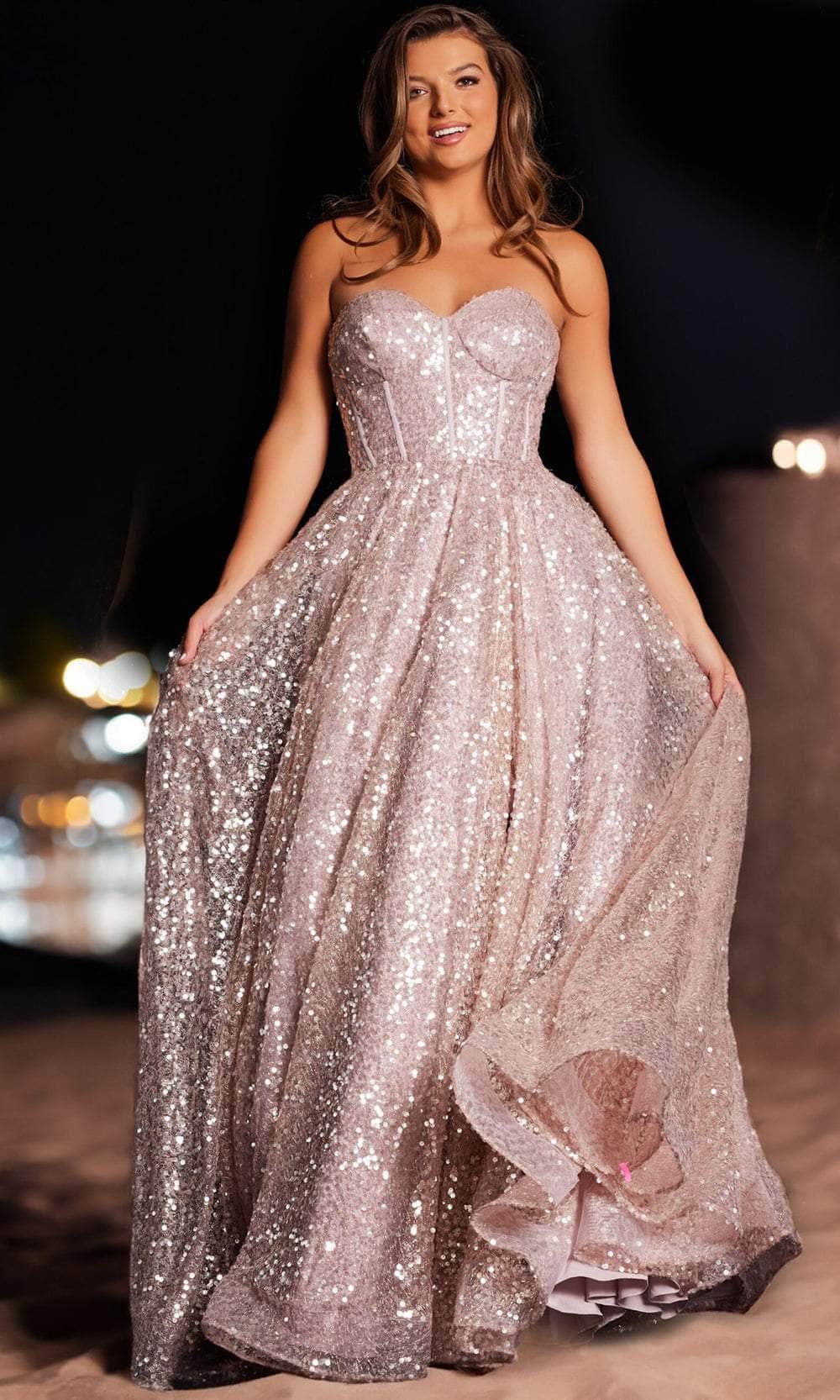 Jovani 38607 - Long Sequin A-Line Dress - Strapless, Corset, Mid-Open Back, Back Zipper, Floor-Length 22 / Platinum Jovani 38607 - Long Sequin A-Line Dress - Strapless, Corset, Mid-Open Back, Back Zipper, Floor-Length 22 / Platinum