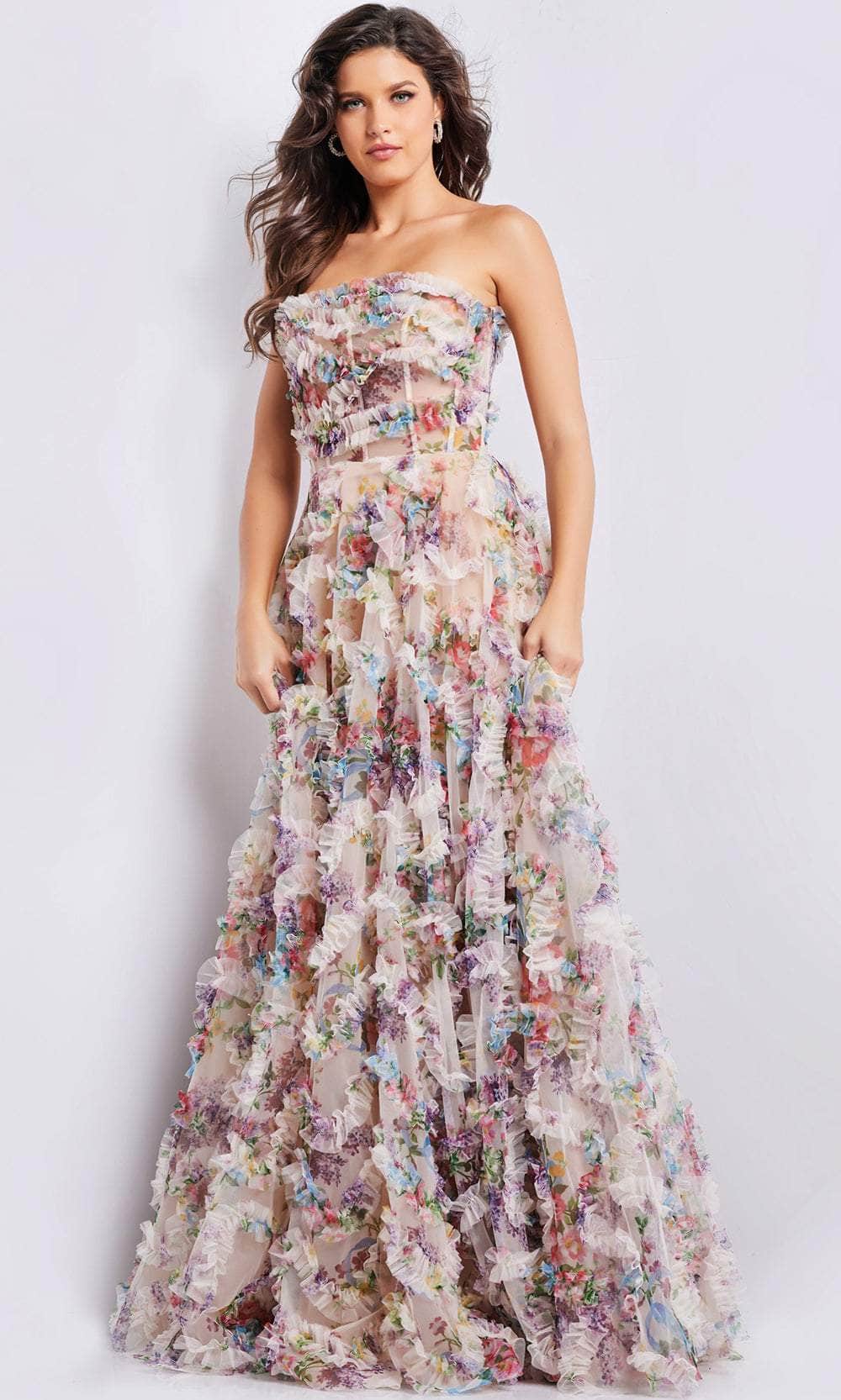 Jovani 38650 - Floral Print Ruffled A-line Gown Formal Gowns