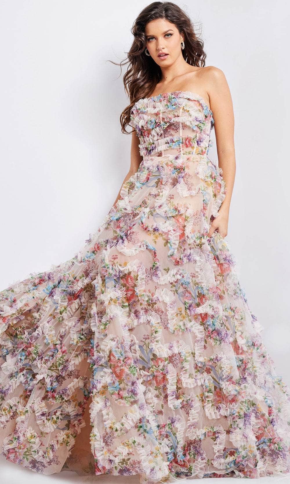 Jovani 38650 - Floral Print Ruffled A-line Gown Formal Gowns