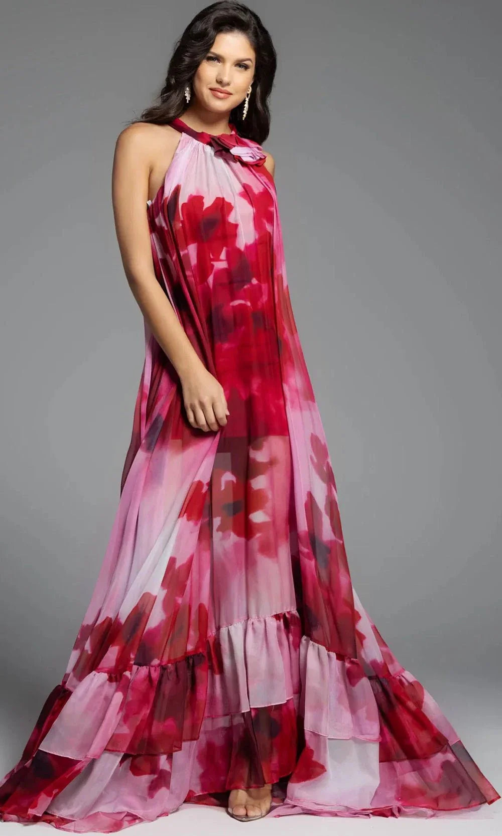 Jovani 38719 - Rosette Detail Long Printed Dress Evening Dresses