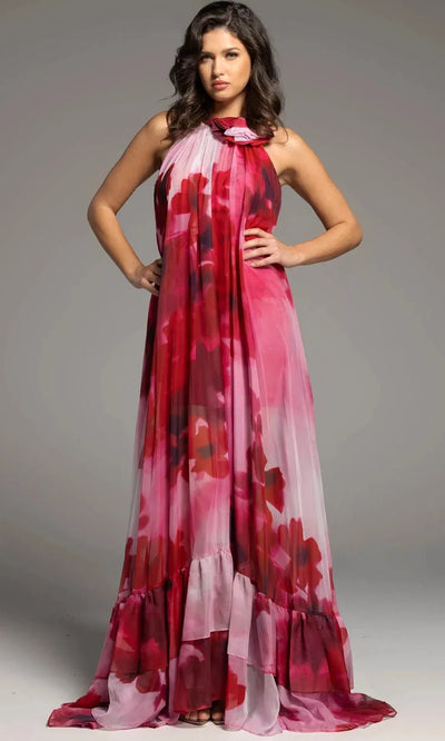 Jovani 38719 - Rosette Detail Long Printed Dress Evening Dresses