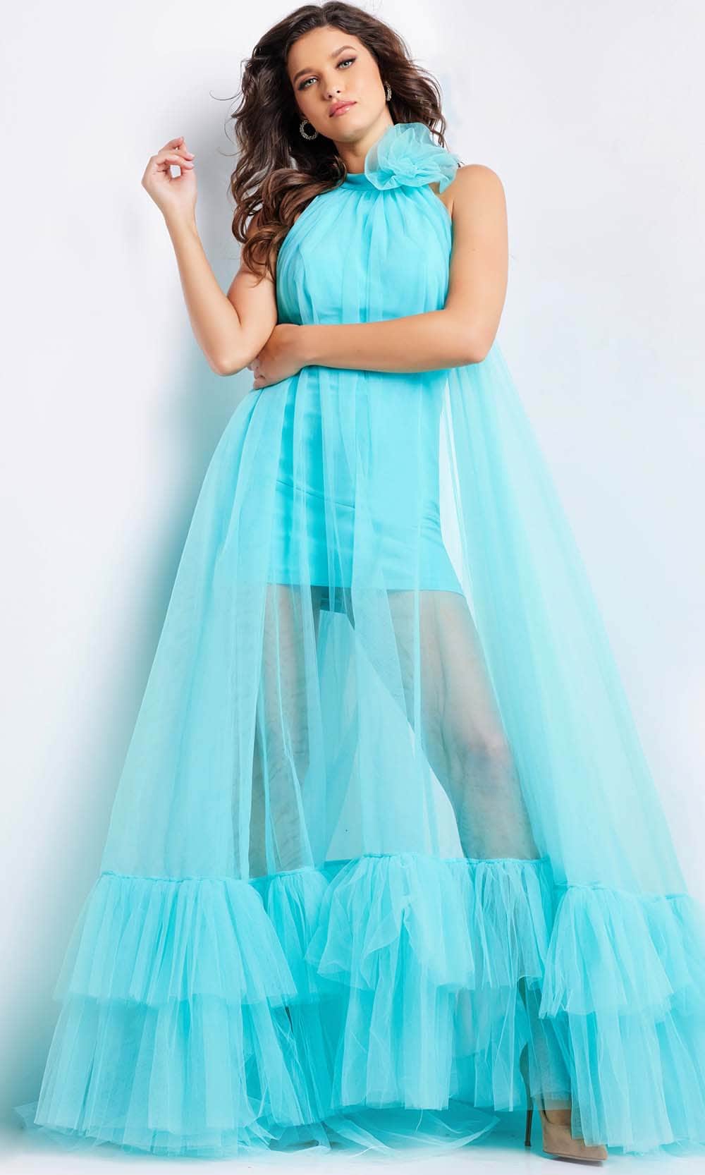 Jovani 38720 - Floral Applique Tulle Prom Dress Special Occasion Dress 00 / Turquoise