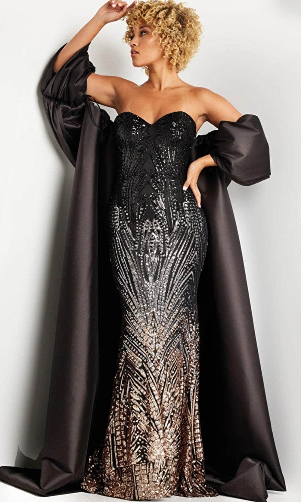 Jovani 38746 - Satin Cape Beaded Long Gown Prom Dresses