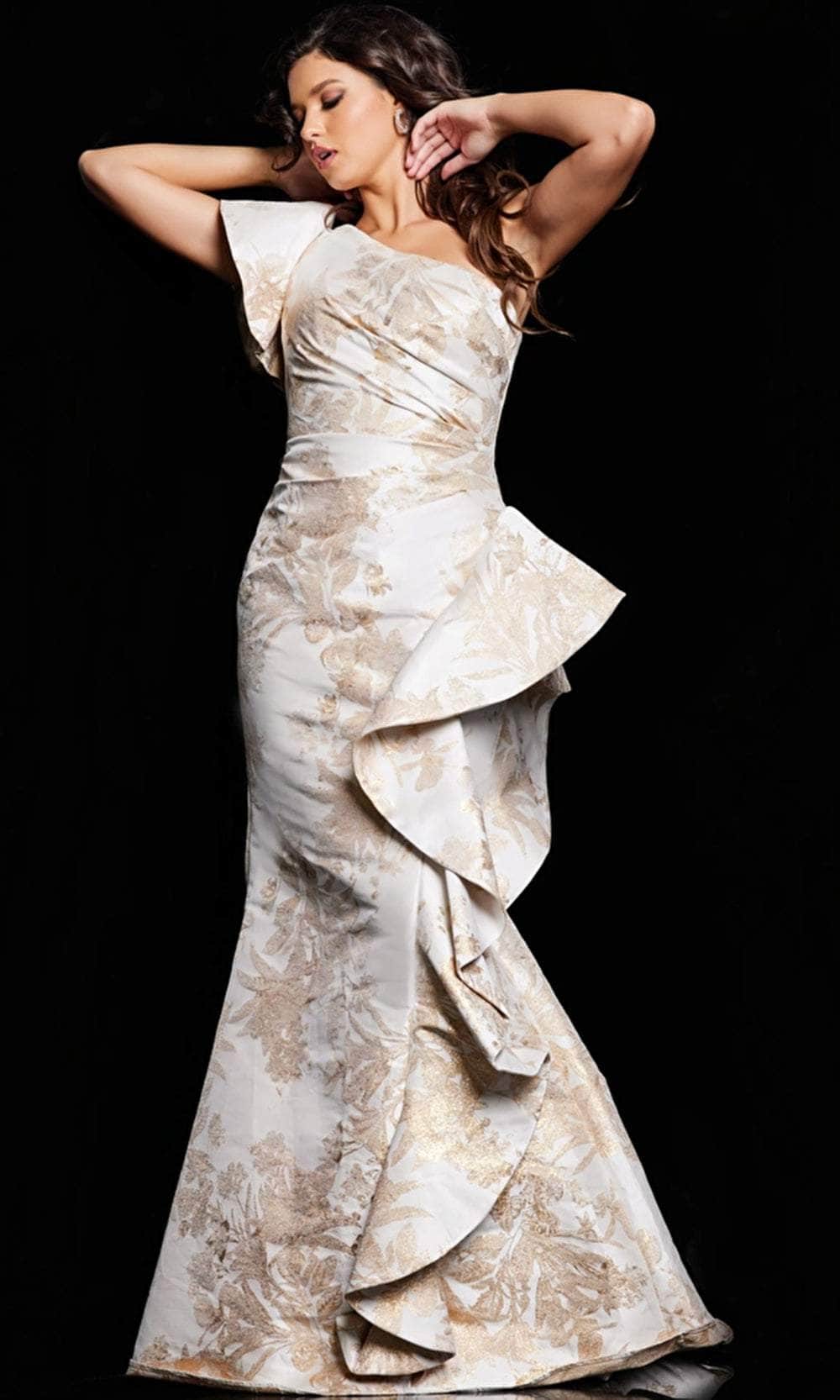 Jovani 38935 - Ruched Floral Long Dress Evening Dresses