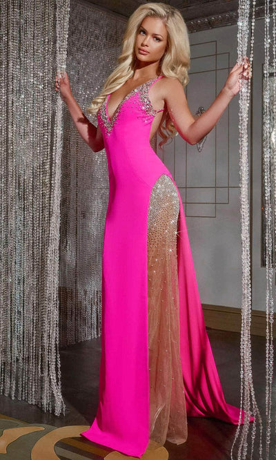 Jovani 38983 - Jeweled Illusion Prom Dress Prom Dresses 00 / Hot-Pink