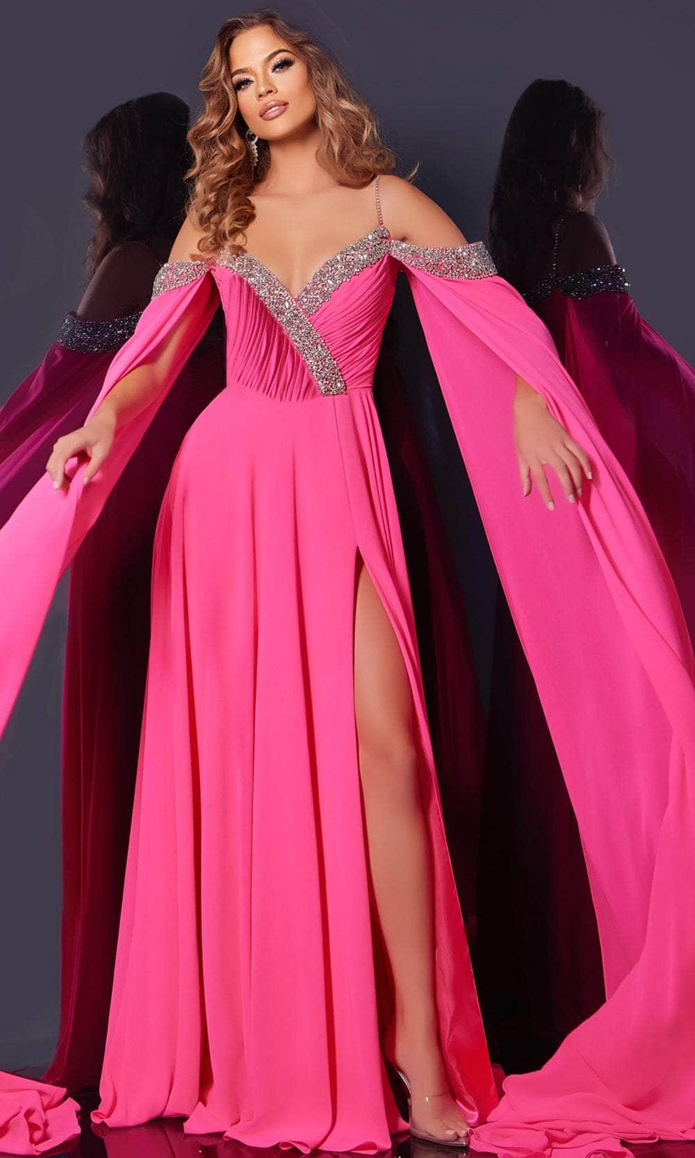 Jovani 38996 - Draped Shoulders A-Line Prom Dress Prom Dresses 00 / Hot-Pink