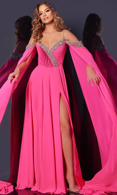 Jovani 38996 - Draped Shoulders A-Line Prom Dress Prom Dresses 00 / Hot-Pink