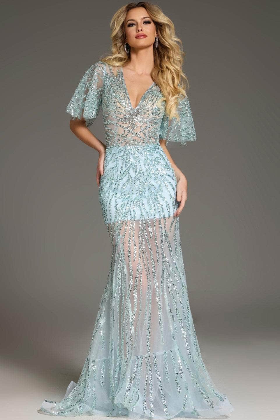 Jovani 39008 - Sequin Embellished Flutter Sleeve Prom Gown Special Occasion Dress