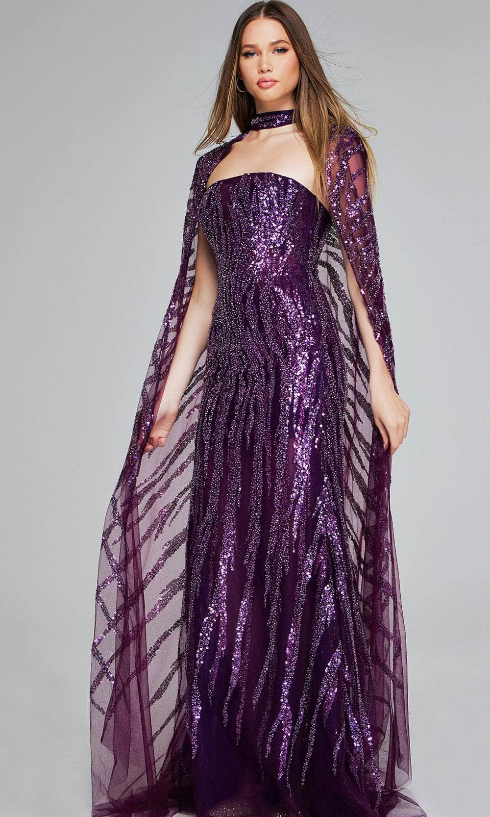 Jovani 39046 - Patterned Sequin Long Cape Evening Gown Special Occasion Dress