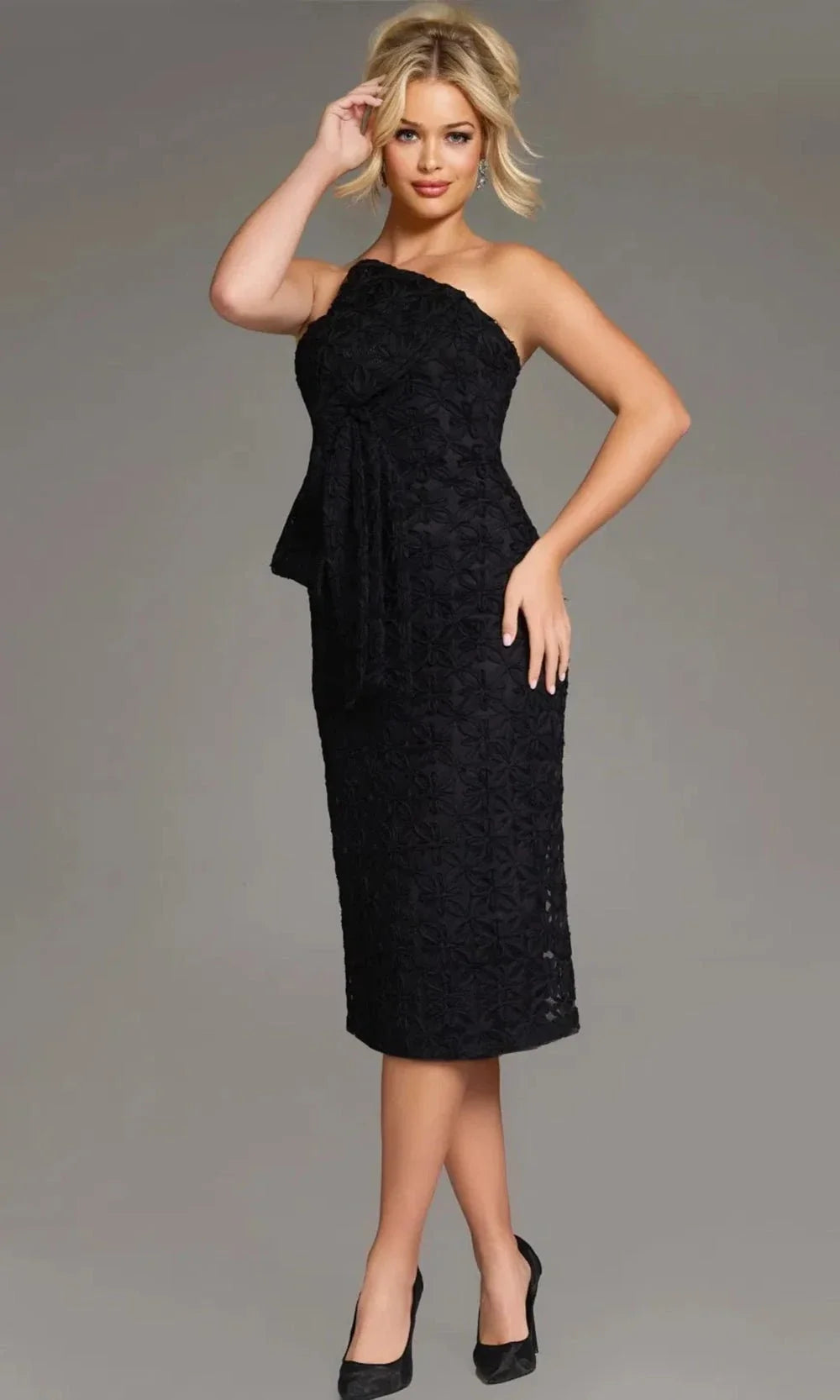 Jovani 39076 - Floral One-Shoulder Midi Sheath Dress Semi Formal