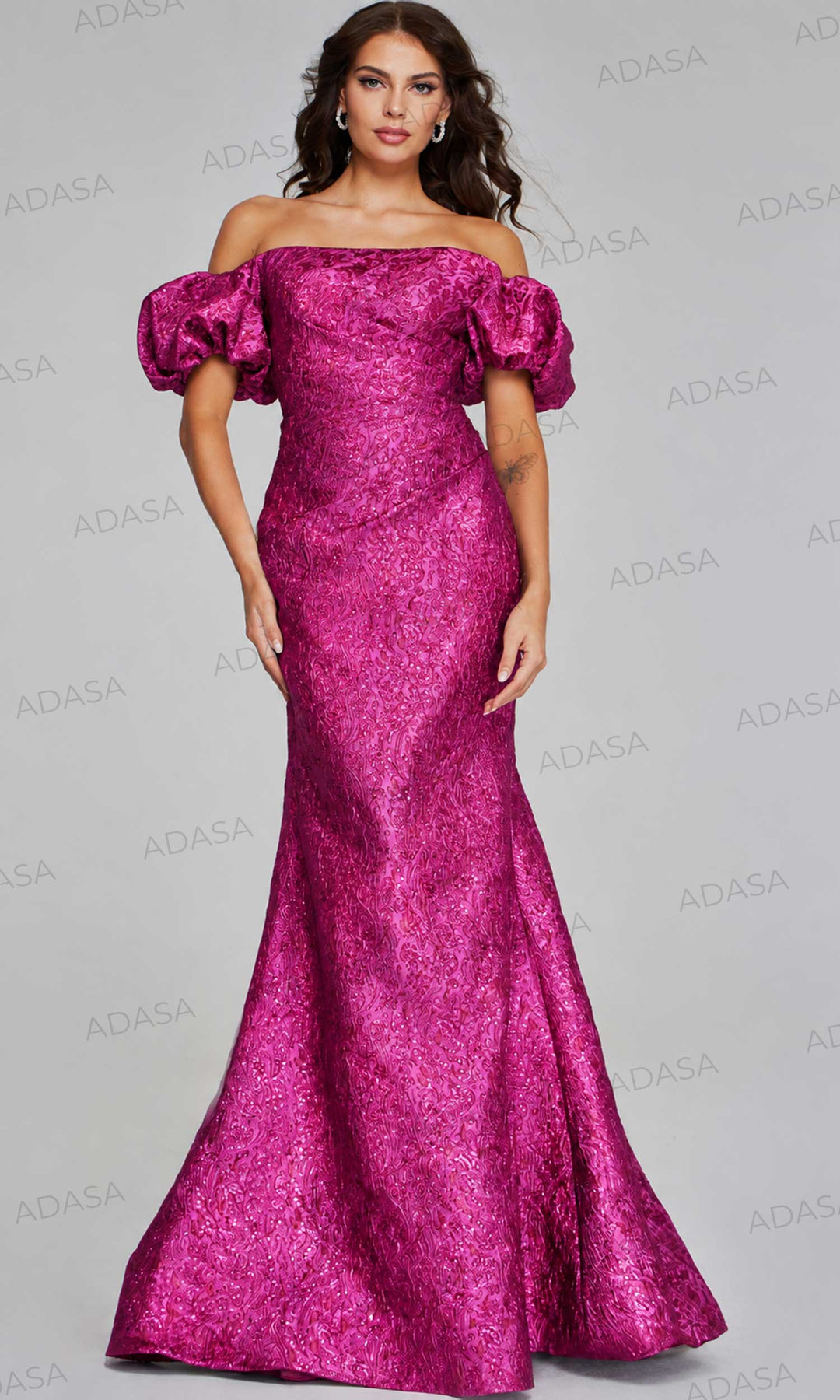 Jovani 39113 - Textured Mermaid Gown with Puff Sleeves