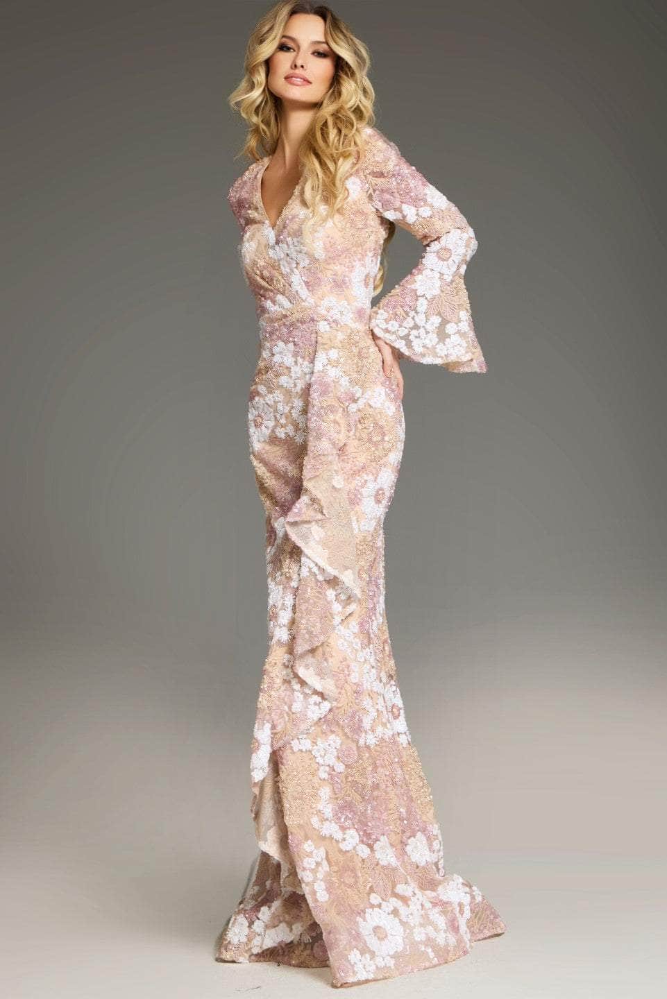 Jovani 39118 - Long Sheath Dress - Floral Embroidery, Long Flared Sleeves , Fitted Bodice, Ruffle Details, Train ADASA Jovani 39118 - Long Sheath Dress - Floral Embroidery, Long Flared Sleeves , Fitted Bodice, Ruffle Details, Train ADASA