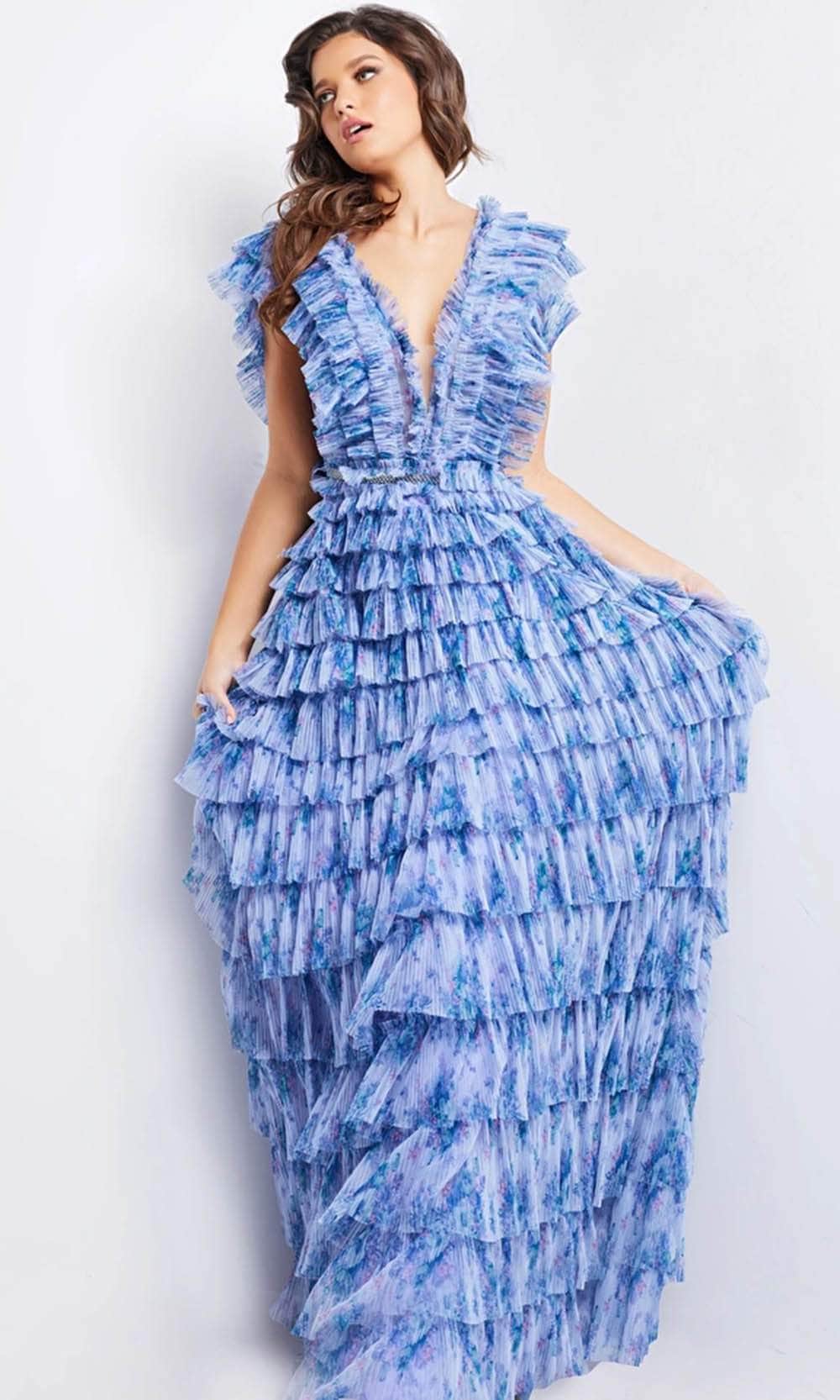Jovani 39143 - Sheer V-Neck Tiered Long Dress Long Dresses