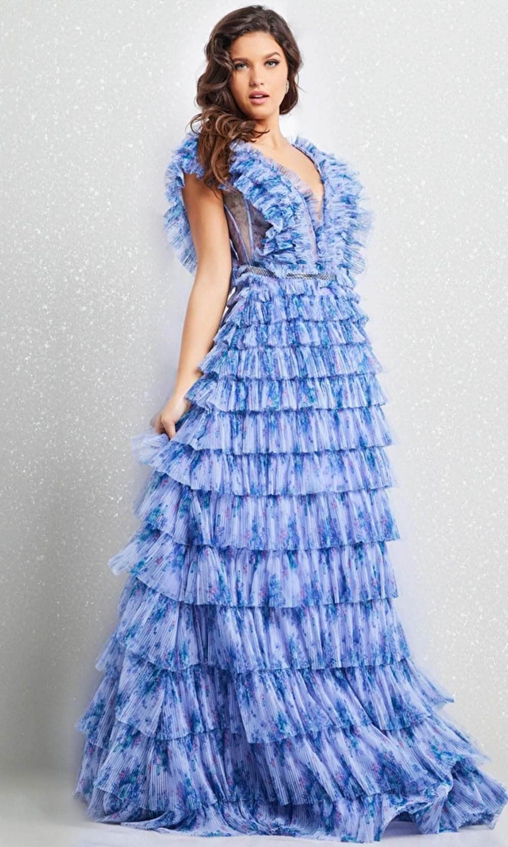 Jovani 39143 - Sheer V-Neck Tiered Long Dress Long Dresses