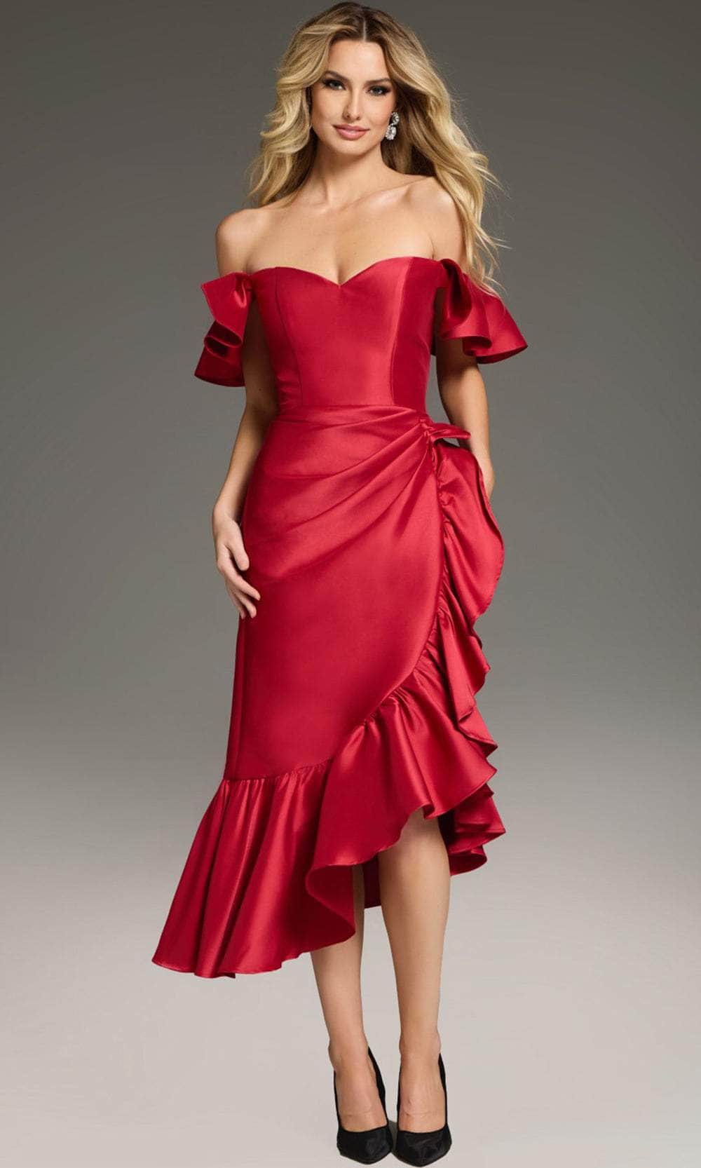 red off the shoulder knee length dress Burgundy Straps Off the Shoulder Knee Length Homecoming Dress with Ruffles UQ1960
