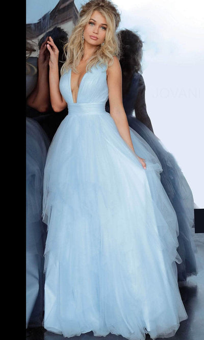 Jovani 3928 - Plunging Tiered Tulle Prom Dress Prom Dresses 00 / Light-Blue