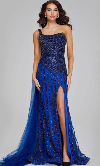 Jovani 39386 - Asymmetrical Beaded Evening Gown Special Occasion Dresses 00 /  Navy