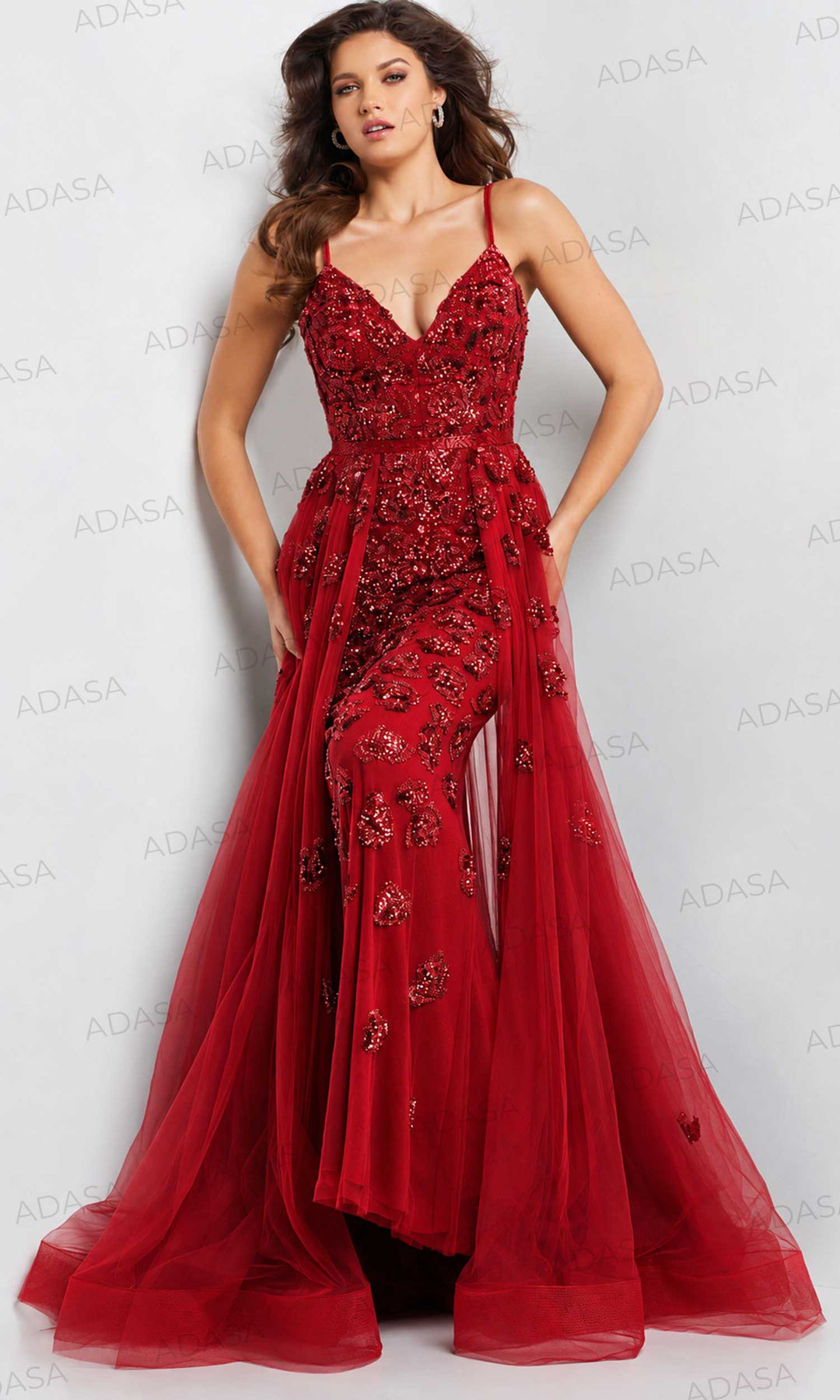 Jovani 39434 - Deep V-Neck Overskirt Prom Gown